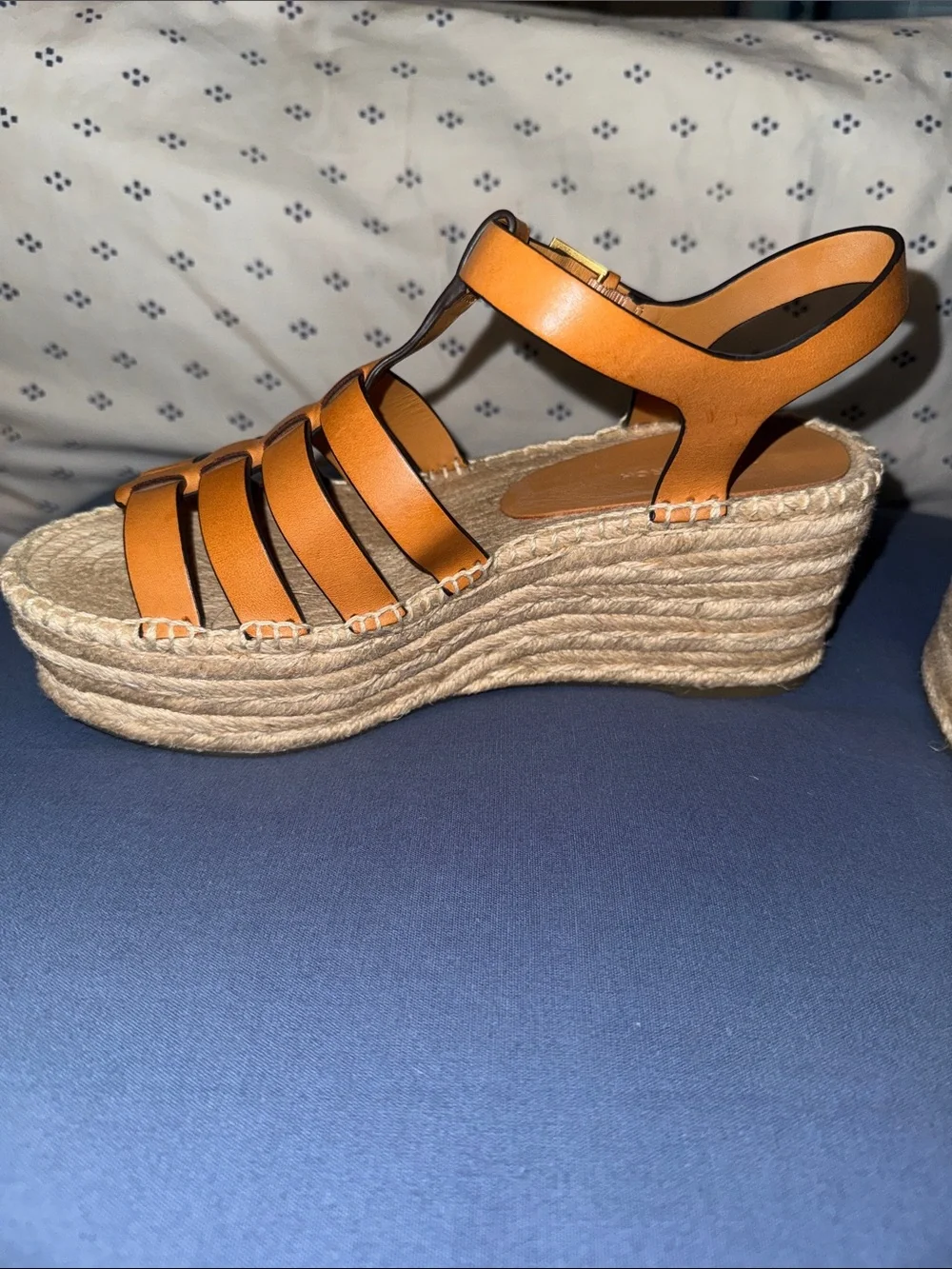 Tory Burch Tan Leather Espadrille Wedge Sandals - Sz. 8.5